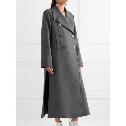 Blends Women Gray X-Long Coat Pockets Double Breasted Chic Overcoat Simple Elegant Loose Ladies Split Straight Woolen Outwear