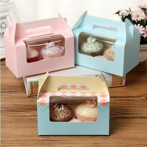 Portable 2 Cupcake Box with Clear Window Handle Paper Gift Box Pastry Packaging Box LX6281