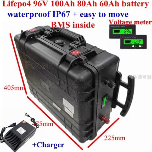 Portable Lifepo4 96V 100Ah 80Ah 60Ah lithium battery with BMS 32S waterproof case for 8000w Forklift solar energy+10A charger