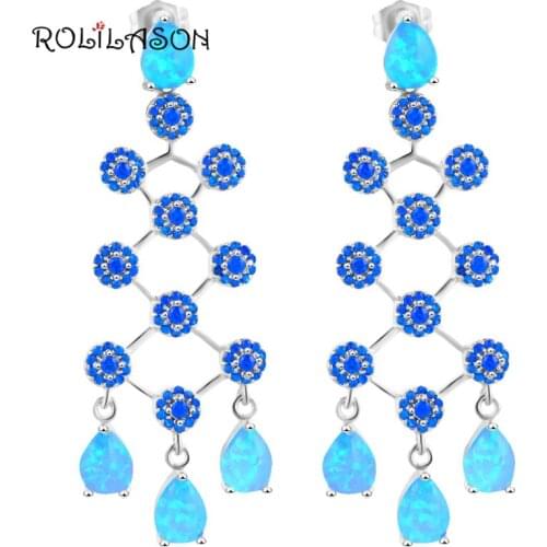 ROLILASON Best Quality Blue Zircon Dangle Earrings for Women Blue Fire Opal 925 Silver Prom Fashion Jewelry OES618