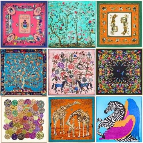 Matagorda Woman Scarf 130cm Flower Cart Pattern 100% Silk Twill Scarves Kerchief Sun Block Shawl Wrap Bufanda Mujer Hijab Scarf