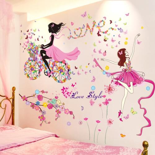 [shijuekongjian] Cartoon Dancer Girl Wall Stickers DIY Flowers Bike Mural Decals for House Kids Rooms Baby Bedroom Decoration