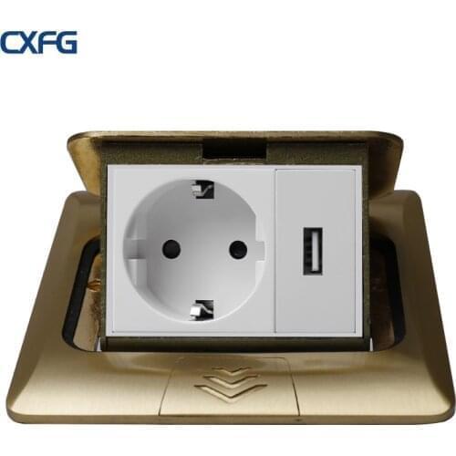 CXFG All Copper Hidden Ground Socket Gold 16A Eu German Indoor Slow Pop-Up Floor Socket One Socket Plus 2 Ports 2A USB Charging