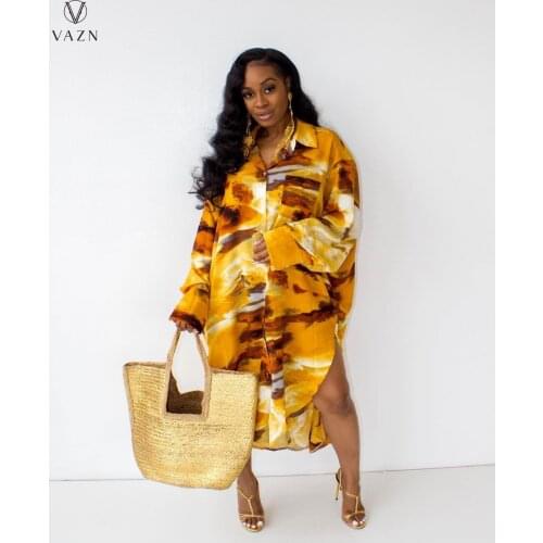 VAZN 2021 Autumn Plus Size Chiffon Shirt Dress Free Office Lady Young Full Sleeve Casual Long Loose Dress Women Dress