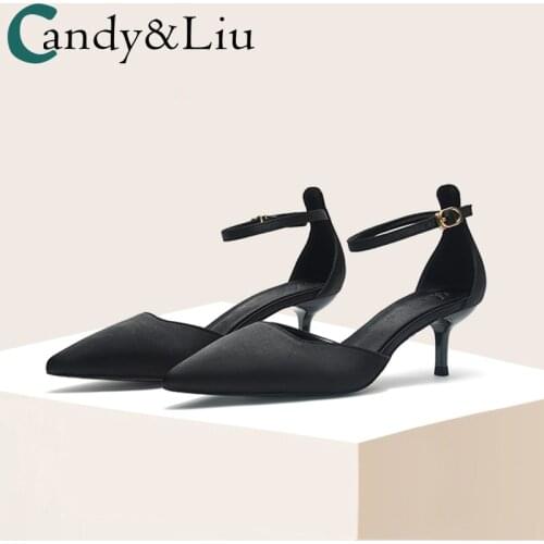 One Line Buckle Black High Heels Womens 2021 Spring Autumn New Professional Satin 5cm Pointed Thin Heel Medium Heel Shoes