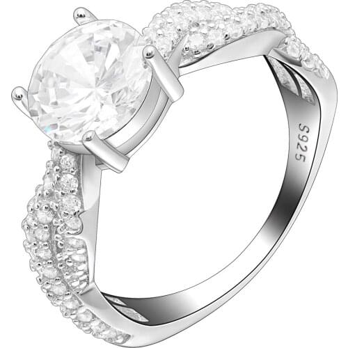 UFOORO S925 Sterling Silver Ring Fahion Clear Round White Zircon luxury Winding Cross Ring For Woman Wedding Engagement Gift