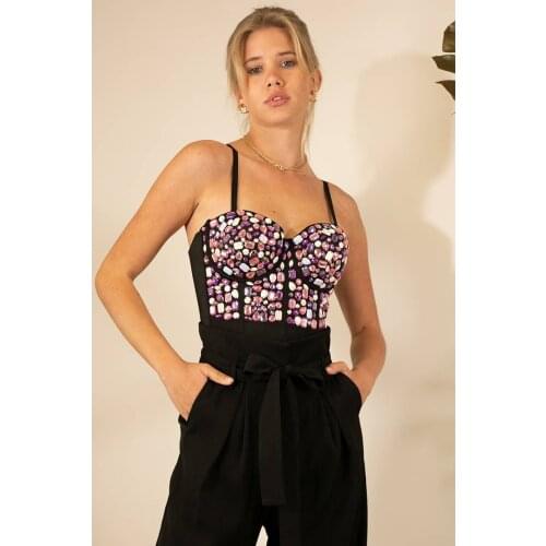 Sexy Mixed Colors Acrylic Rhinestone Crop Top Sling Women Summer Short Tank Top for Birthday Party