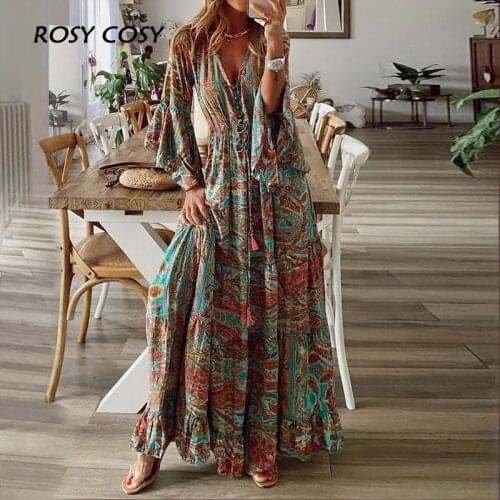 Vintage Women V-Neck Button Printed Long Dress Elegant Patchwork Pleasted Ladies Holiday Dress Autumn Femme Streetwear Vestido