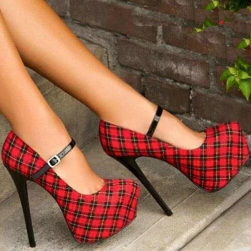2019 fashion super high heel 14.5cm red plaid women shoes waterproof style 4.5cm lady shoes for woman plus size