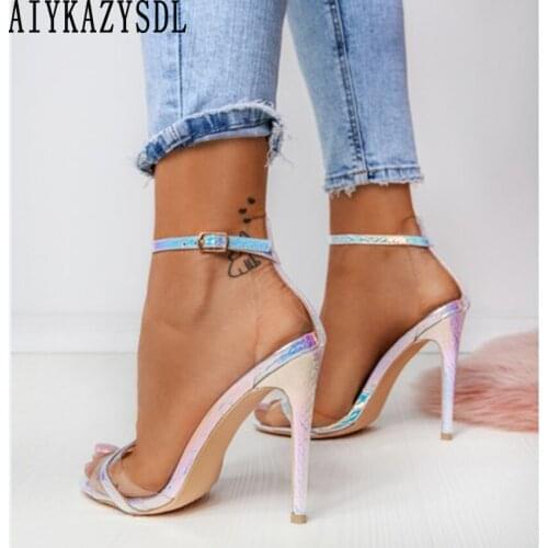 AIYKZAYSDL Women Gladiator Silver Sandals Clear Transparent Peep Toe High Heel Wedding Shoes Ankle Strap Stilettos Plus Size