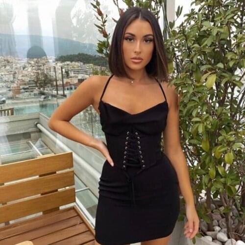 Summer Bag Bandage 2021 Woman Dresses Sexy Slash Neck Black Bodycon Dress High Waist Backless Hip Solid Strap Mini Dress Female