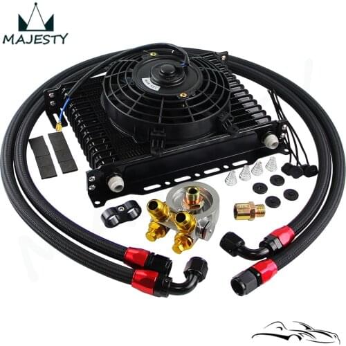 15 Row Oil Cooler Kit w/Thermostat Oil Filter Adapter Kit+7" Electric Fan Kit