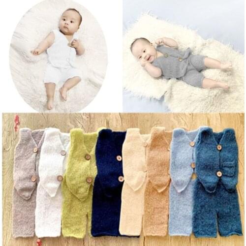 2 Pcs/set Newborn Photography Props Mohair Baby Boys Girls Costume Handmade Knitted Buttons Top and Pants Suit Photo Accessories