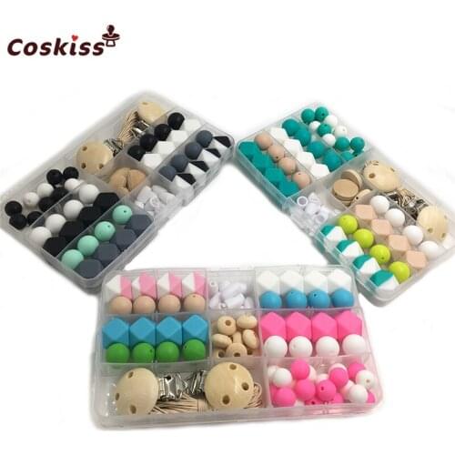 3pc DIY Baby Teether Accessories Geometry Hexagonal Round Silicone Bead Wooden Pacifier Clip Breakaway Safety Clasp For Bracelet