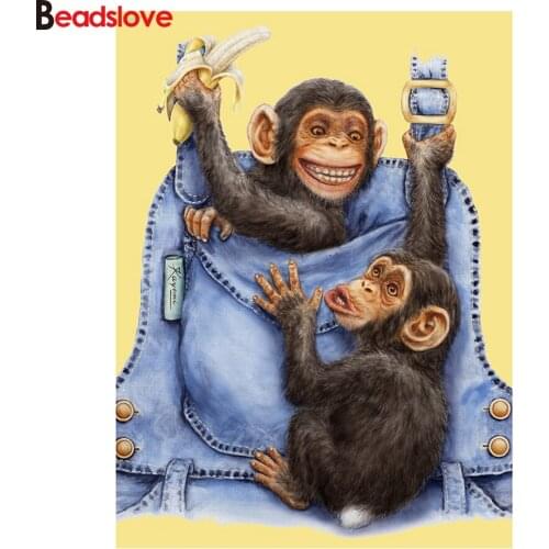 Monkey in the pocket Diamond Embroidery sales 5D DIY Diamond Painting Orangutan eat banana Diamond mosaic Cross Stitch painting