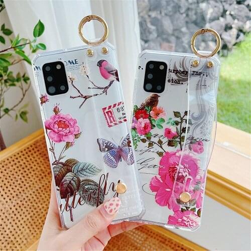 Clear Floral Wristband Phone Case For Samsung A52 A72 A51 A71 A12 A42 A31 A50 A70 A20 A30 A21S A30S Soft Silicone Holder Cover