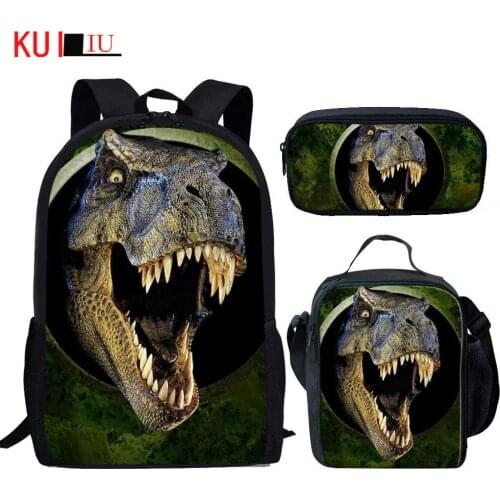 KUILIU 3D Dinosaur Print Kids Backpack School Bag Set For Teenager Tyrannosaurus Children Boys Girls Book Bag Satchel Lunch Bag