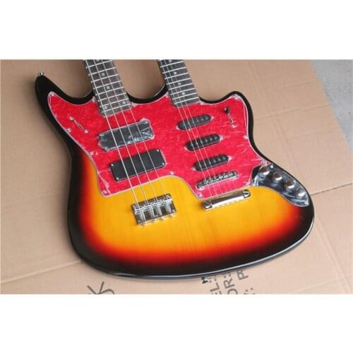 Double neck sunburst 6 strings guitar with 4 strings bass,chrome bridge,SSS pickups,chrome button