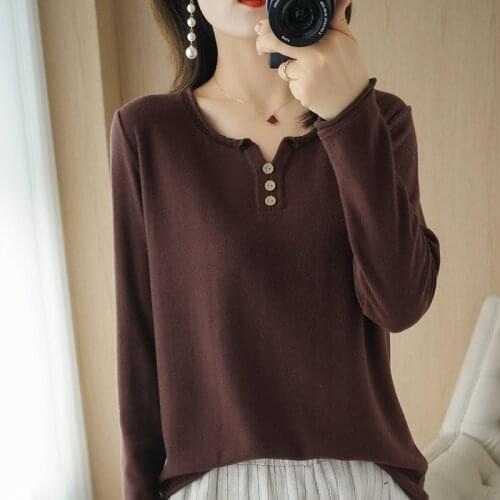 Pure Cotton T-shirt 2021 Spring and Summer New Womens V-neck Pullover Casual Long-sleeved Knitted Tops Female Jacket