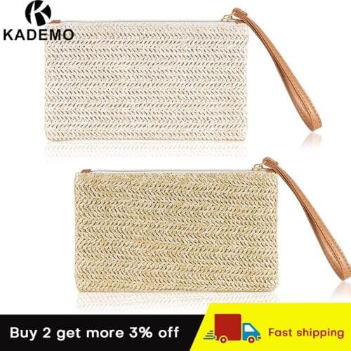 KADEMO 2PCS Straw Clutch Bag Women Straw Zipper Wallet Bohemian Summer Beach Straw Wristlet Handbag For Women Girl Long Wallet