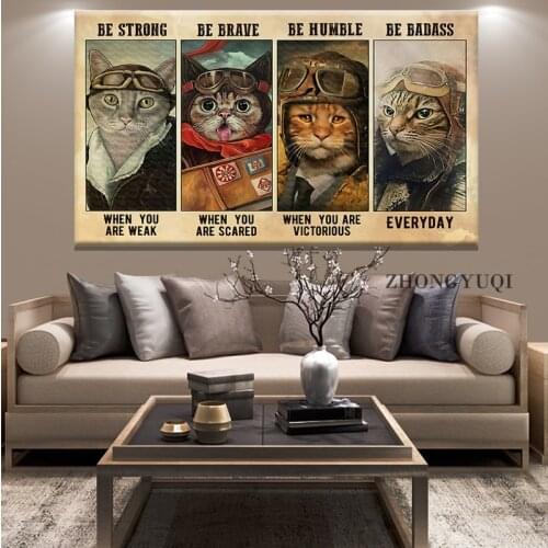 Cat Pilot Airman Flyer Skydiving US Air Force Poster and Prints Be Strong When You Are Weak Wall Art Canvas Painting Living Room