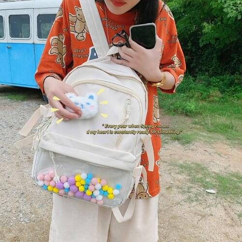 Cute Colored Furball Transparent Nylon Women Backpack Fashion Waterproof Rucksack for Teen Girls School Bag Rucksack 2021 New