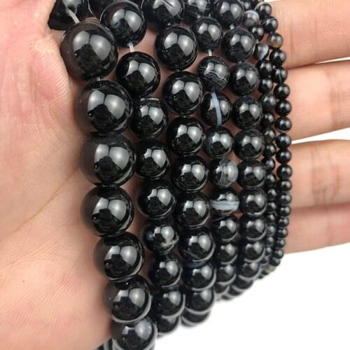 MKTREG Natural Stone Black Stripe Banded Carnelian Beads 4/6/8/10/12MM Black Onyx Round Loose Beads for Jewelry DIY Making 15