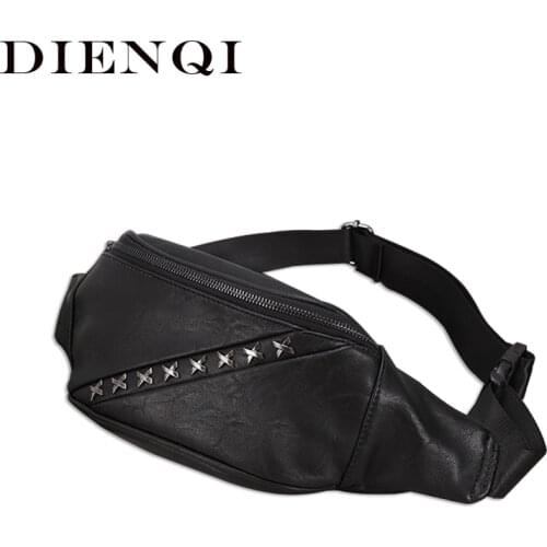 DIENQI Fashion Black Rivets Mens Waist Bags Belt Men Waist Pack Male Fanny Pack Black Small Hip Bum Bag Man bag Chest Rig Pouch