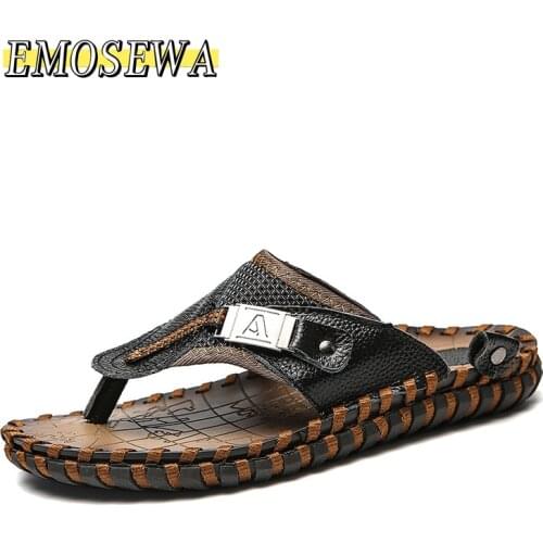 EMOSEWA Brand Mens Flip Flops Genuine Leather Luxury Slippers Beach Casual Sandals Summer for Men Fashion Shoes New Big Size 48