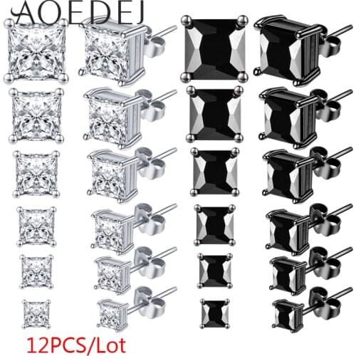 AOEDEJ 12PCS/Lot 3-8mm Stainless Steel Studs Earring Set Shiny Zircon Round Ear Studs Silver Plated Helix Conch Tragus Piercings