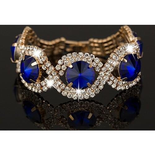 Bohemia Woman Royal Blue Jewellery Set Golden Rhinestone Bracelet Prong Setting Fashion Jewelry Wholesale Retail