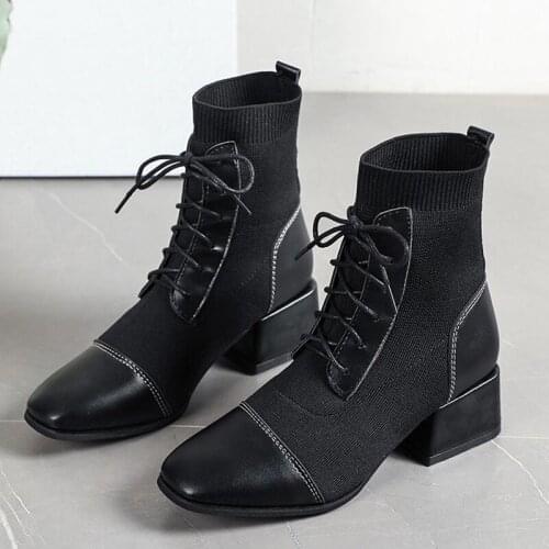 2021 New Style Trend Ankle Boots Ladies Pumps Shoes Knitted Lace Up Squre Toe Chunky Heels Fashion Woman Boot New Shoe for Women