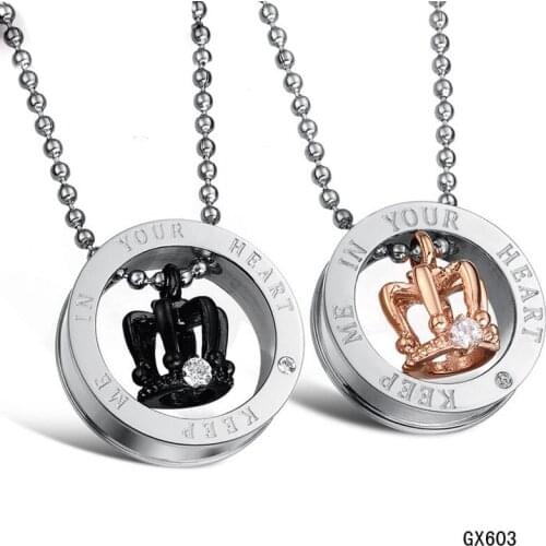 Black Rose Gold Classic Crown Couple Necklace Circle Pendant Women Men Rhinestone Necklaces Keep Me In My Heart Christmas Gift
