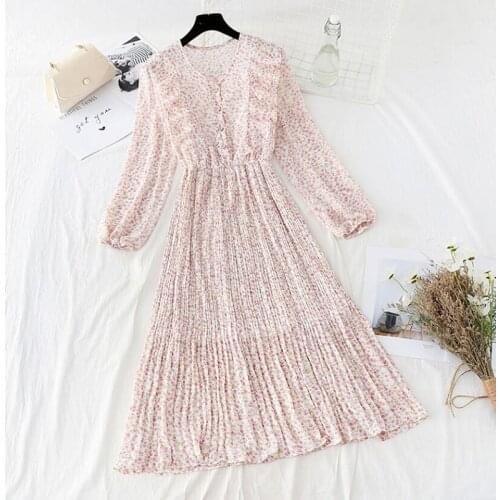 2021 Women Spring Ruffle Floral Chiffon Dress Elegant Long Sleeve Casual A-line Vestidos Elastic Waist Pleated Midi Dress