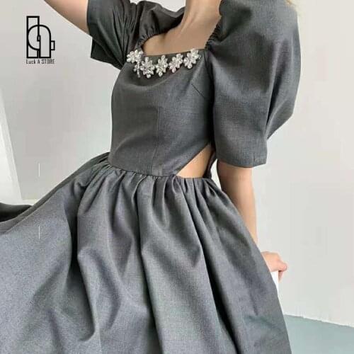 Casual Kawaii Mini Dress Women Summer 2021 Hollow Out Sweet French Retro Dress Patchwork Puff Sleeve Fashion Korean Clothing New