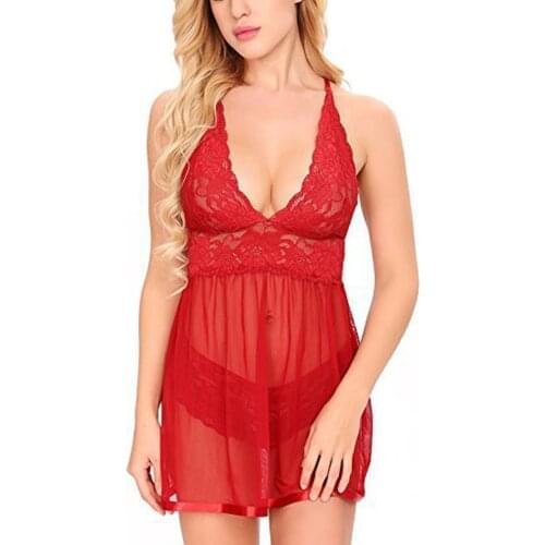 Transparent lace mesh halter sexy pajamas Female Spandex Sleeveless V-neck Cute girly Sexy Lingerie Nightwear Sleepwear
