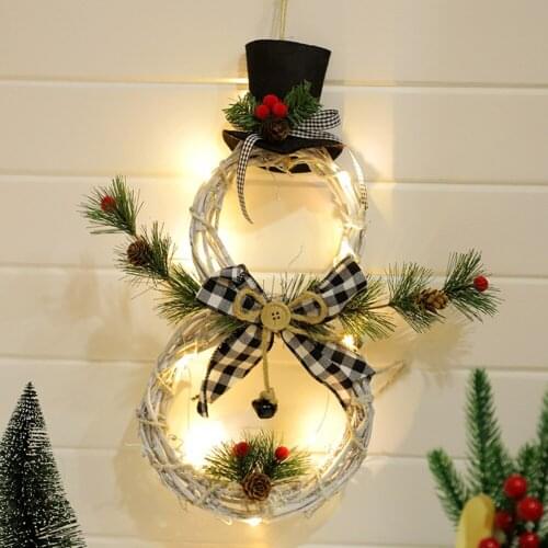 Christmas Hanging Wreath Ornament with LED Lights Snowman Christmas Rattan Circle Door Home New Year Xmas Tree Pendants Ornament