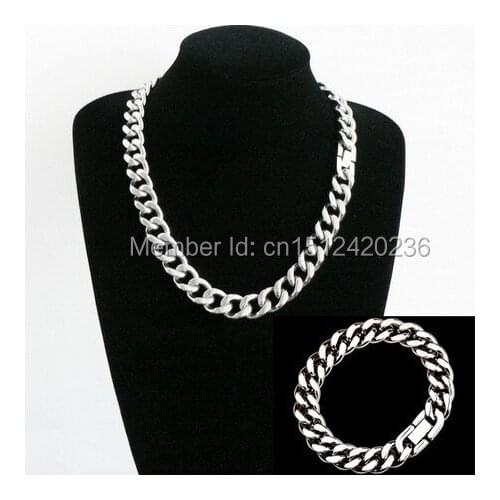 Choose Wide 11mm and 15MM High Quality Cuban Curb Chain Bracelet & Necklace Set Stainless Steel Mens Jewlery Gifts Cool Clasp