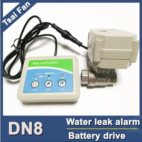 Water leak protector with SS304 DN8 electric valve, drive by battery for 2 years,intellegent water leak alarm DC3V