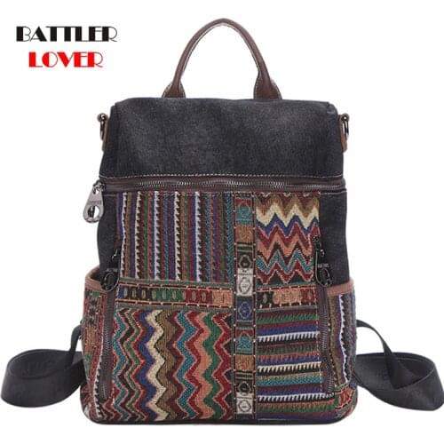 Women Embroidery Canvas Backpacks Striped Design Shoulder Purses For Female Big Capacity Travel Totes Ladies Classic Retro Bags
