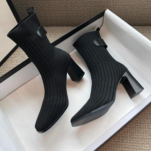 Fashion Sexy Sock Boots Women Knitting Stretch High Heels Boot Shoes for Women 2021 Spring Autumn New Slip on Mid-Calf Boots