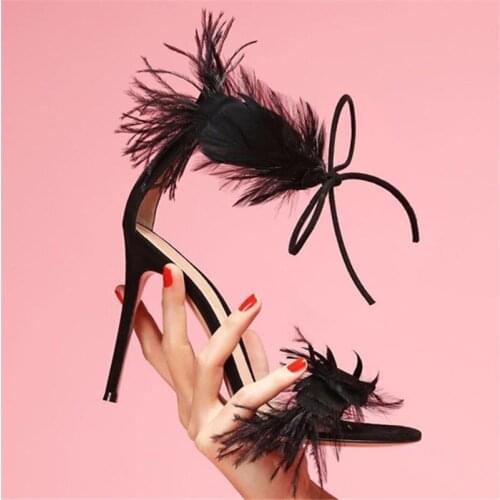 Feather Decor Black Suede Women Sandals 2021 New Summer Women Pumps Lace-up High Heels Prom Dress Shoes Woman Sandalias Mujer