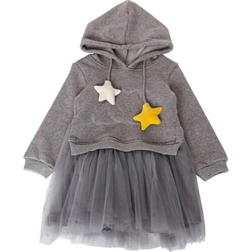 2019 Winter Girls Dresses Casual Long Sleeve Thicken Velvet Stars Hooded Mesh Princess Dress 2-7Yrs Girls Costume Kids Clothes