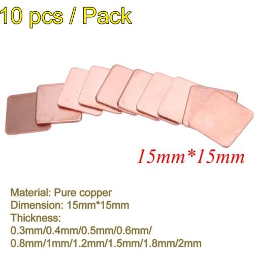 10pcs Thermal Conductive Copper Shims Pad 15mmx15mm 0.3mm to 2mm Heatsink Copper Shim Thermal Pads for Laptop IC Chipset GPU CPU