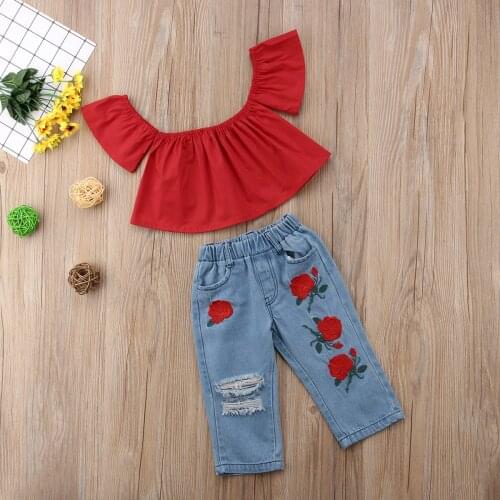 2-7Years Fashion Toddler Kids Baby Girls Clothes Red Off Shoulder Tops Embroidery Denim Jeans Pants Outfits Kids Summer Clothes