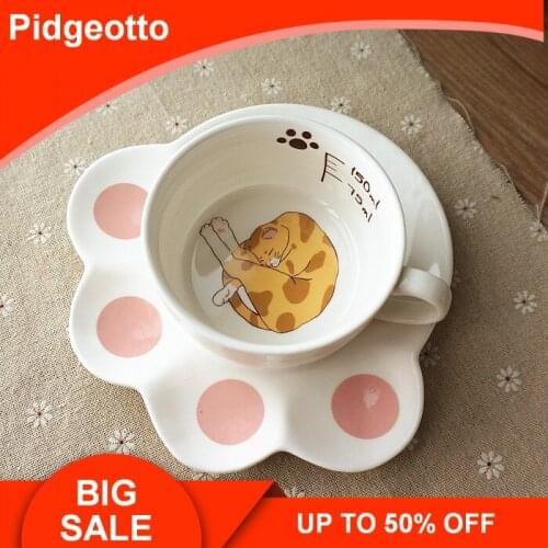 Free Shipping Cute Cat Paws Ceramic Personality Milk Mug With Tray Creative Office Coffee Tumbler Breakfast Mugs