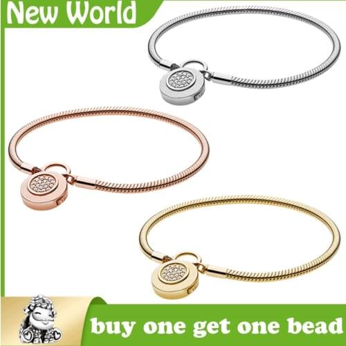 Authentic 100% 925 Sterling Silver Snake Chain fit original charm Pando Bracelet & Bangles lock shape Fashion DIY Jewelry