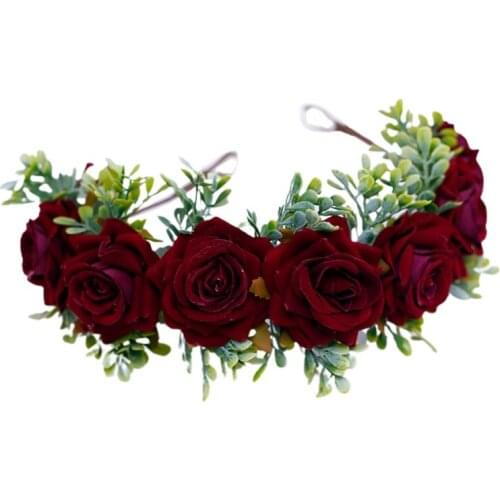 Floral Hair Wreath with Ribbon Adjustable Halo Bridal Faux Rose Garland Wedding Festival Party Handmade Photo Props