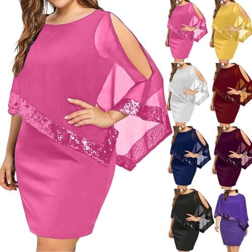 Large irregular Sequin stitching off shoulder chiffon round neck dress new fashion dress sukienka z długim rękawem2021SAGACE