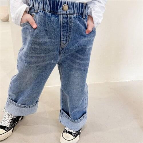 Korean Childrens Denim Pants 2021 Spring New Baby Boys and Girls Fashion Casual Cuffed Hem Denim Wide-leg Pants Kids Jeans 2-7Y
